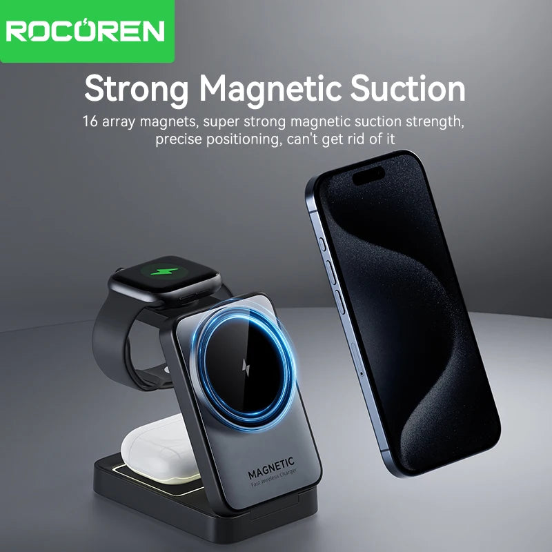 Rocoren Portable 3-in-1 Wireless Charger with Night Light